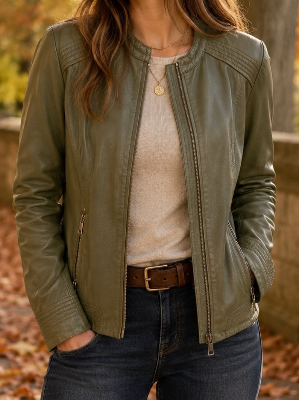 LaLigne Olive Green Genuine Leather Moto Jacket Size 40 (US Size 8)